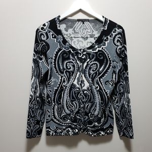 Pierri New York Black White  Paisley Beaded Opal Button Down Luxury Sweater Med.